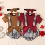 Baby Girl'S Houndstooth Suit Spring Autumn Ribbed Long Sleeve Top Bow Bib Shorts Three Piece Set