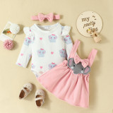 Spring Infants And Boby Children Cartoon Print Printed Long-Sleeved Romper Bow Strap Dress Set