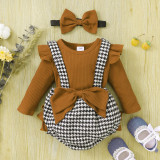Baby Girl'S Houndstooth Suit Spring Autumn Ribbed Long Sleeve Top Bow Bib Shorts Three Piece Set