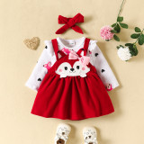 Spring Infants And Boby Children Cartoon Print Printed Long-Sleeved Romper Bow Strap Dress Set