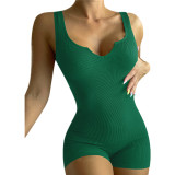Spring Summer Women'S Solid Color Casual Knitting Rib V-Neck Sleeveless Slim Jumpsuit