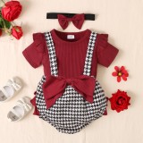 Baby Girl'S Houndstooth Suit Spring Autumn Ribbed Long Sleeve Top Bow Bib Shorts Three Piece Set