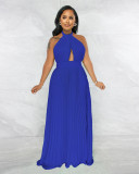 Sexy Halter Low Back Straps Solid Color Chiffon Pleated Dress