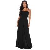 Summer Solid Color Chiffon Straps Slim Waist Wide Leg Women'S Jumpsuit