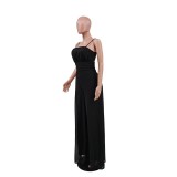 Summer Solid Color Chiffon Straps Slim Waist Wide Leg Women'S Jumpsuit