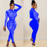 Women Solid Mesh Beaded Long Sleeve Jumpsuit
