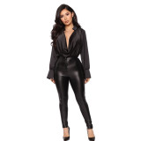 Women Satin Long Sleeve Deep V-Neck Shirt