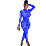 Women Solid Mesh Beaded Long Sleeve Jumpsuit