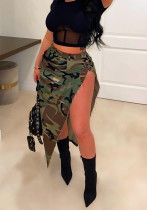 Women Washed Camouflage Pocket Slit Skirt