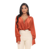Women Satin Long Sleeve Deep V-Neck Shirt