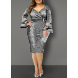 Plus Size Women Elegant V-Neck Mesh Maxi Dress