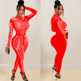 Women Solid Mesh Beaded Long Sleeve Jumpsuit