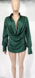 Women Satin Long Sleeve Deep V-Neck Shirt