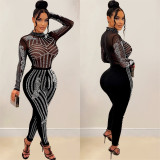 Women Solid Mesh Beaded Long Sleeve Jumpsuit