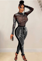 Women Solid Mesh Beaded Long Sleeve Jumpsuit
