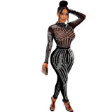 Women Solid Mesh Beaded Long Sleeve Jumpsuit