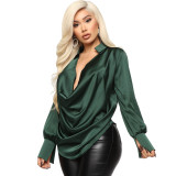 Women Satin Long Sleeve Deep V-Neck Shirt