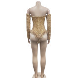 Women's Fashion Solid Color Sequin Long Sleeve Jumpsuit
