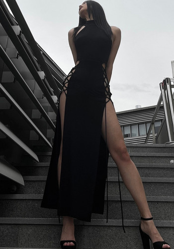 Sexy Halter Neck Cutout Double Slit Dress Slim Fit Maxi Dress