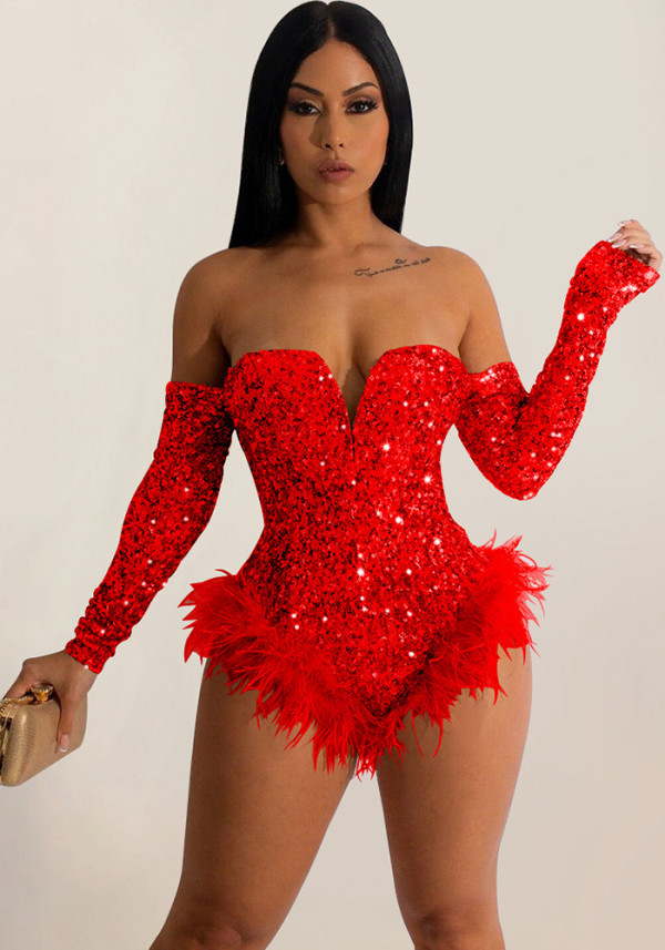 Women's Fashion Solid Color Sequin Long Sleeve Jumpsuit