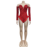 Women's Fashion Solid Color Sequin Long Sleeve Jumpsuit