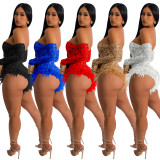 Women's Fashion Solid Color Sequin Long Sleeve Jumpsuit