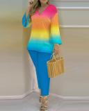 Spring Summer Print Fashion V-Neck Long Sleeve 2-Piece Pants Set