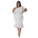 Plus Size Women'S Fashion Fit Casual Ruffle One Shoulder Midi Dress
