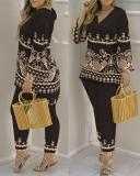Spring Summer Print Fashion V-Neck Long Sleeve 2-Piece Pants Set