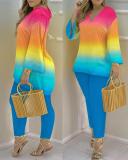 Spring Summer Print Fashion V-Neck Long Sleeve 2-Piece Pants Set