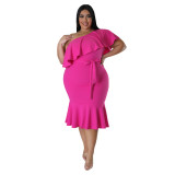 Plus Size Women'S Fashion Fit Casual Ruffle One Shoulder Midi Dress