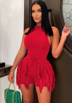 Women'S Solid Fringed Lace Sleeveless Bodysuit Shorts Two-Piece Set Women'S Solid Fringed Lace Sleeveless Bodysuit Shorts Two-Piece Set