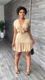 V Neck Short Sleeve Lace-Up T-Shirt Ruffle Skirt Casual Holidays Two-Piece Set