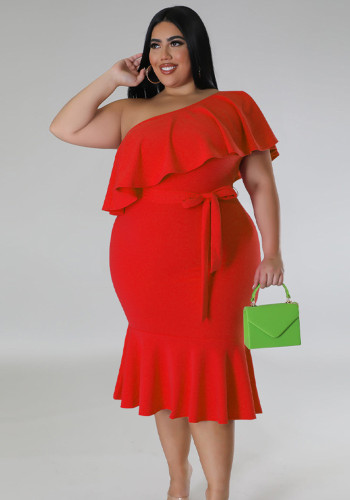 Plus Size Women'S Fashion Fit Casual Ruffle One Shoulder Midi Dress