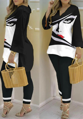 Spring Summer Print Fashion V-Neck Long Sleeve 2-Piece Pants Set