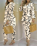 Spring Summer Print Fashion V-Neck Long Sleeve 2-Piece Pants Set