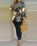 Spring Summer Print Fashion V-Neck Long Sleeve 2-Piece Pants Set