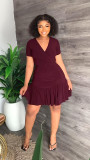 V Neck Short Sleeve Lace-Up T-Shirt Ruffle Skirt Casual Holidays Two-Piece Set