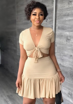 V Neck Short Sleeve Lace-Up T-Shirt Ruffle Skirt Casual Holidays Two-Piece Set