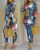 Spring Summer Print Fashion V-Neck Long Sleeve 2-Piece Pants Set