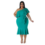 Plus Size Women'S Fashion Fit Casual Ruffle One Shoulder Midi Dress