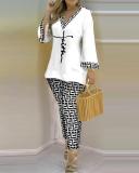 Spring Summer Print Fashion V-Neck Long Sleeve 2-Piece Pants Set