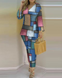 Spring Summer Print Fashion V-Neck Long Sleeve 2-Piece Pants Set