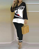 Spring Summer Print Fashion V-Neck Long Sleeve 2-Piece Pants Set