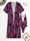Women Printed Bodysuit and Cover Up Bikini Two-Piece Set