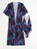 Women Printed Bodysuit and Cover Up Bikini Two-Piece Set