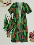 Women Printed Bodysuit and Cover Up Bikini Two-Piece Set