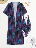 Women Printed Bodysuit and Cover Up Bikini Two-Piece Set