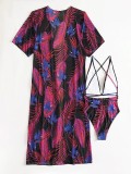 Women Printed Bodysuit and Cover Up Bikini Two-Piece Set