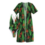 Women Printed Bodysuit and Cover Up Bikini Two-Piece Set